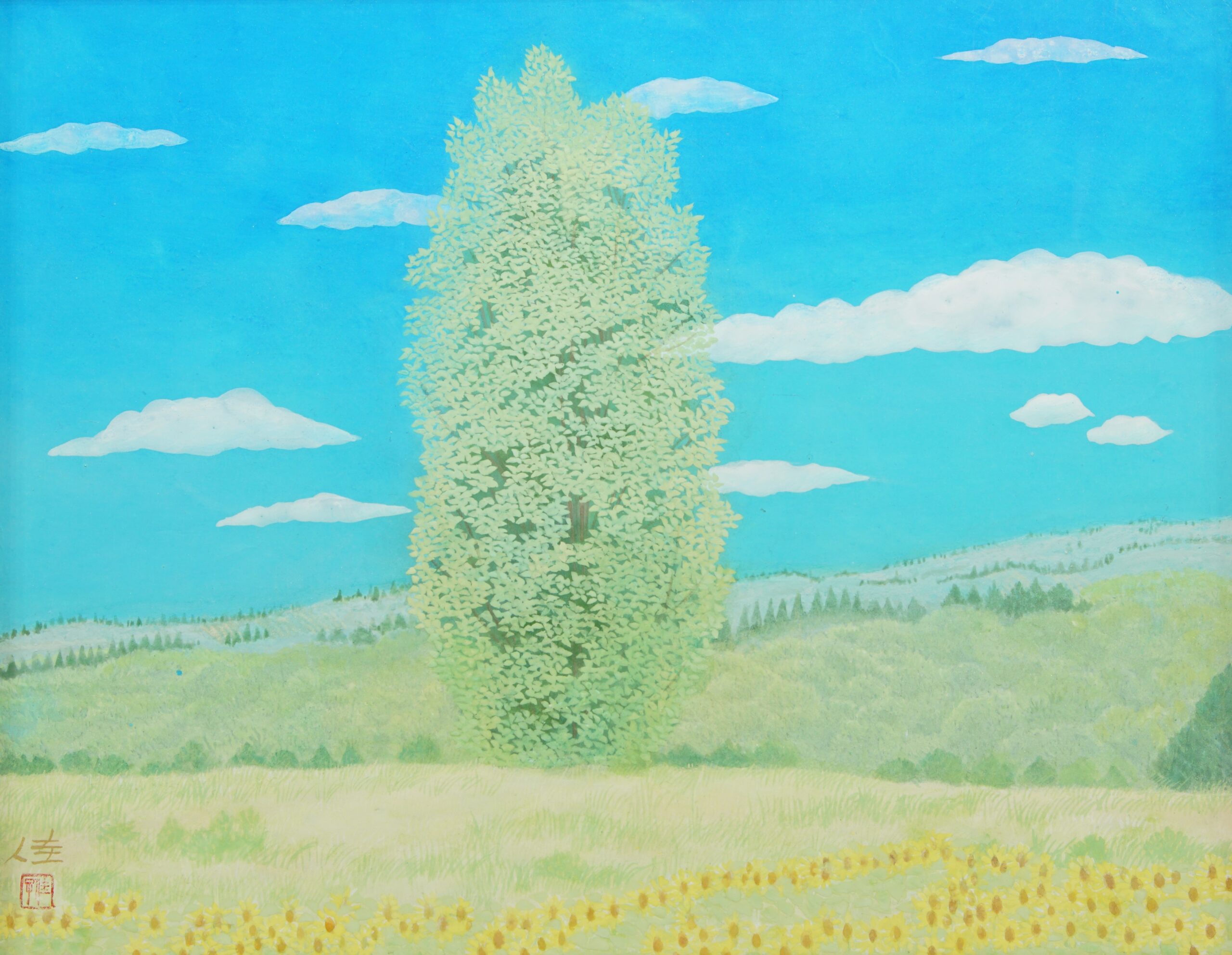 猪熊佳子「青空-ケンとメリーの木」日本画(33×42cm) 北海道の空の下、一本の木が静かに立つ